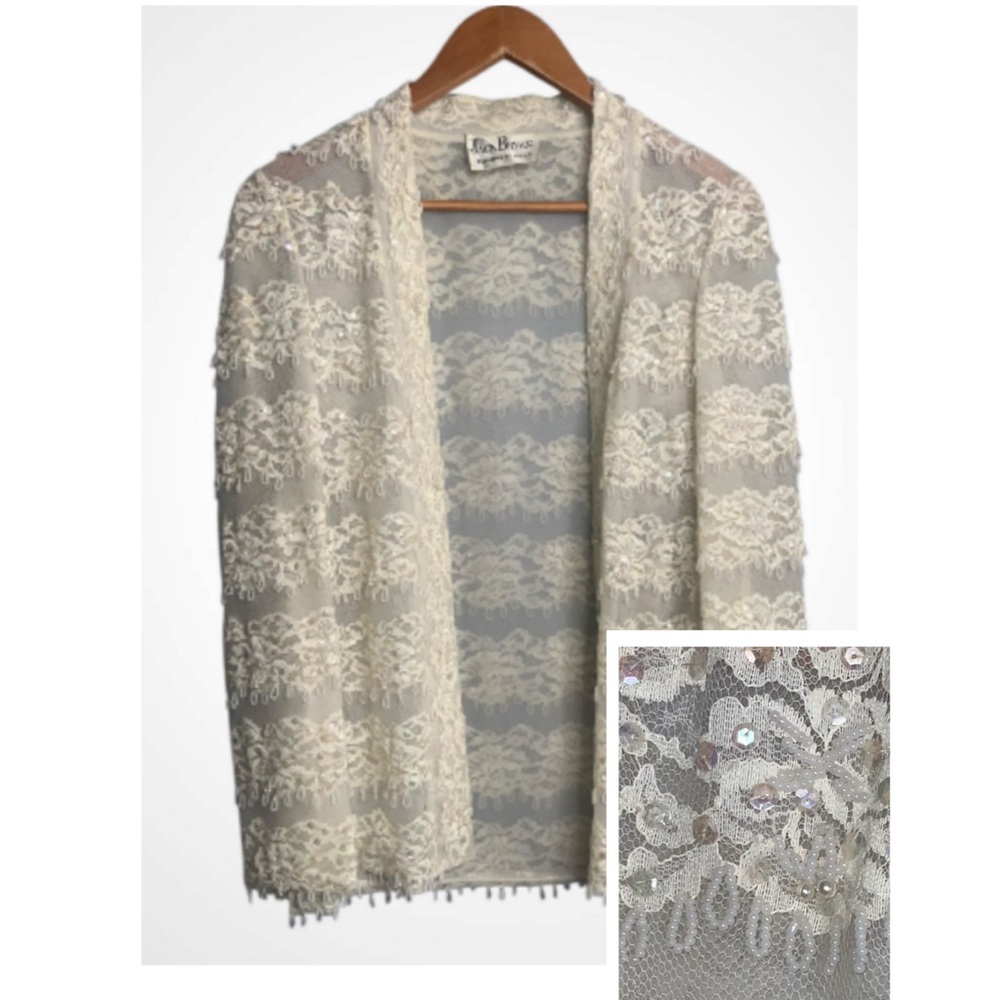 Jack Bryan Elegant Vintage Cream Lace Beads & Sequins Net Overlay Blazer S-M